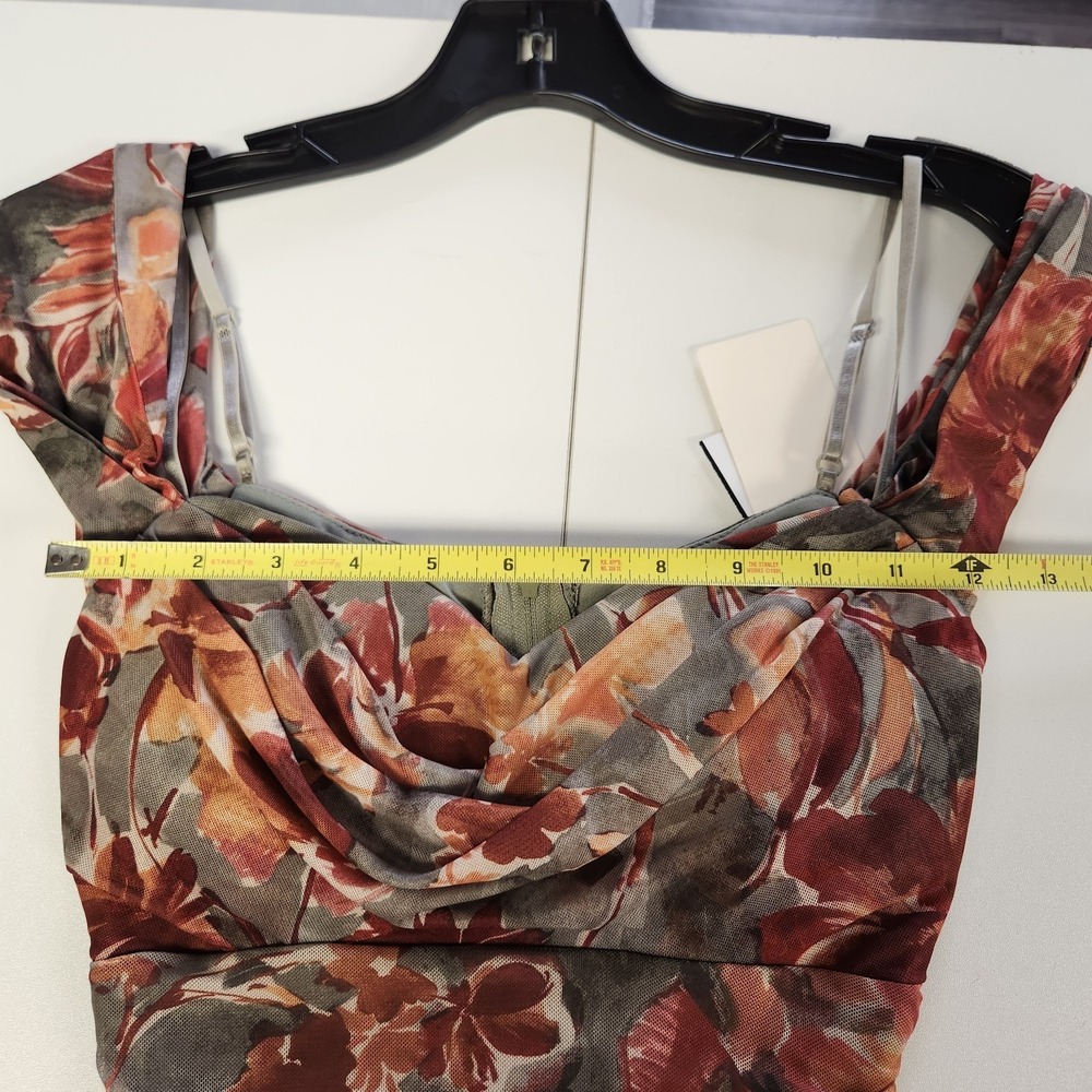 Katia Rae Printed Floral Off Shoulder Ruched Mesh Midi Dress Olive Cowlneck XS - Picture 8 of 10